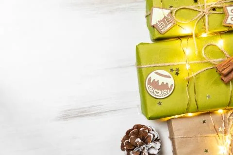 Christmas composition gift boxes with pine tree and decoration for mock up Stock Photos