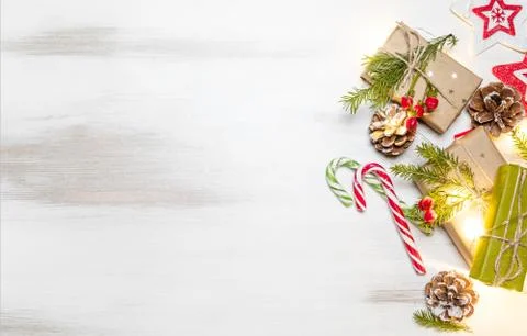 Christmas composition gift boxes with pine tree and decoration for mock up Stock Photos