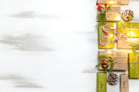 Christmas composition gift boxes with pine tree and decoration for mock up 스톡 사진