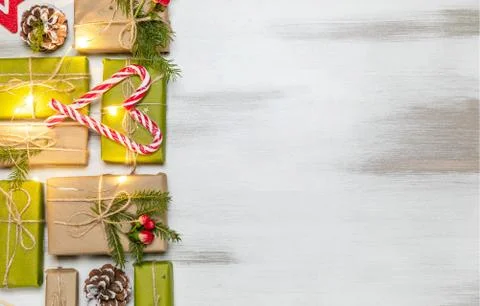 Christmas composition gift boxes with pine tree and decoration for mock up Stock Photos