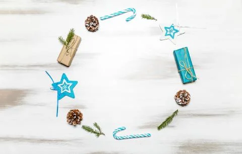 Christmas composition gift boxes with pine tree and decoration for mock up 写真素材