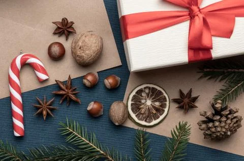 Christmas composition, gift boxes with red ribbon. Pine cones Stock Photos