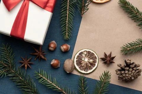Christmas composition, gift boxes with red ribbon. Pine cones Stock Photos