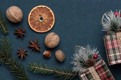 Christmas composition, gift boxes with red ribbon. Pine cones Stock Photos