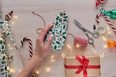 Christmas composition. Giftboxes, presents wrapping with paper and ribbon, .. Stock Photos