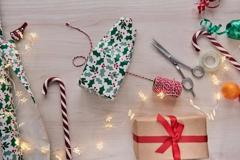 Christmas composition. Giftboxes, presents wrapping with paper and ribbon, .. Stock Photos