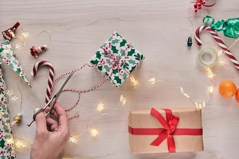 Christmas composition. Giftboxes, presents wrapping with paper and ribbon, .. Stock Photos