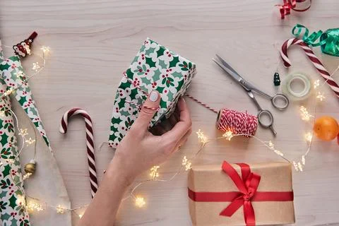 Christmas composition. Giftboxes, presents wrapping with paper and ribbon, .. Stock Photos