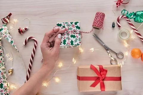Christmas composition. Giftboxes, presents wrapping with paper and ribbon, .. Stock Photos