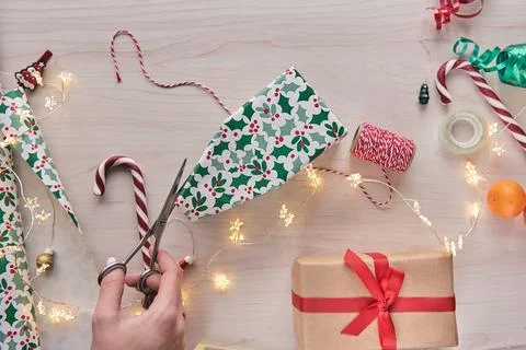 Christmas composition. Giftboxes, presents wrapping with paper and ribbon, .. Stock Photos