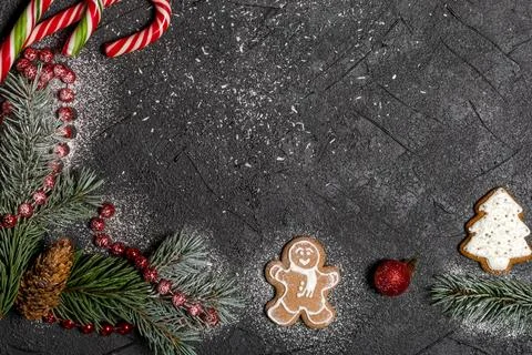 Christmas composition with gingerbread on gray background 写真素材