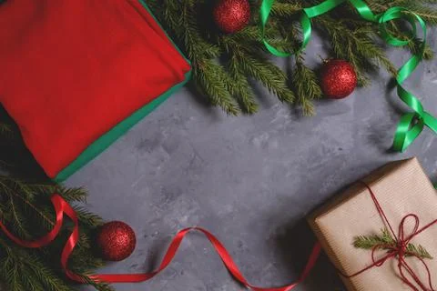 Christmas composition. Handmade gift box decorated with craft paper and sweat Stock Photos
