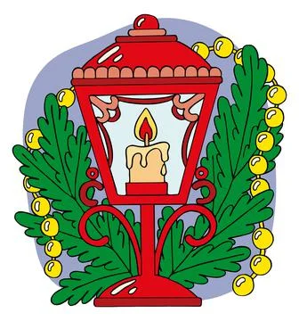 Christmas composition. Lantern with a burning candle with fir branches and be Stock Illustration