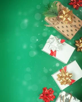 Christmas composition made of different presents on Green background. Foto stock