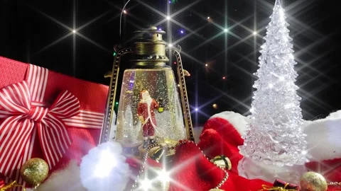 Christmas composition with new year tree, gift box and Santa Claus. Stock Footage 256156451