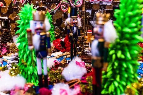 Christmas composition with nutcracker decorations and ornaments Stock Photos
