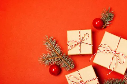 Christmas composition on the orange background Stock Photos