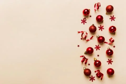 Christmas composition. a pattern of christmas balls on colored background. Fl 写真素材