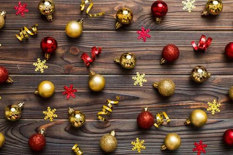 Christmas composition. a pattern of christmas balls on colored background. Fl 写真素材