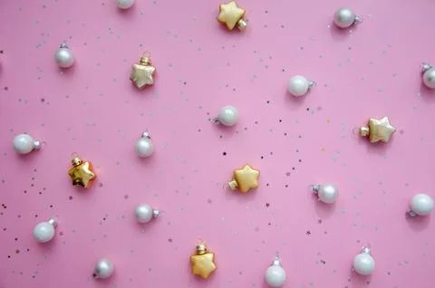 Christmas composition. A pattern of christmas balls and stars decorations. Stock Photos