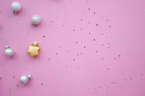 Christmas composition. A pattern of christmas balls and stars decorations. Stock Photos