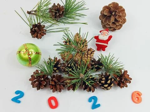 Christmas composition with pine cones, Santa Claus toy and numbers 2026 Stock Photos