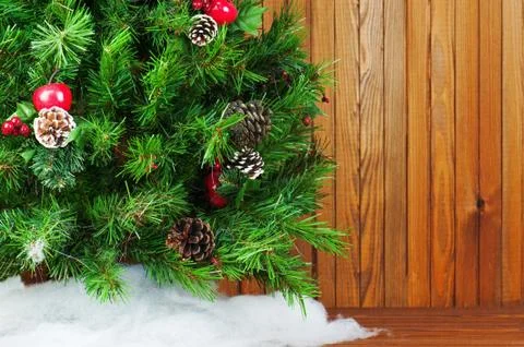 Christmas composition from pine tree and decorations. Stock Photos