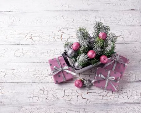 Christmas composition with pink decor Stock Photos