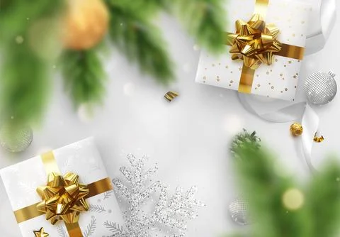 Christmas composition realistic decoration objects, gift box presents, confet Illustrazione stock