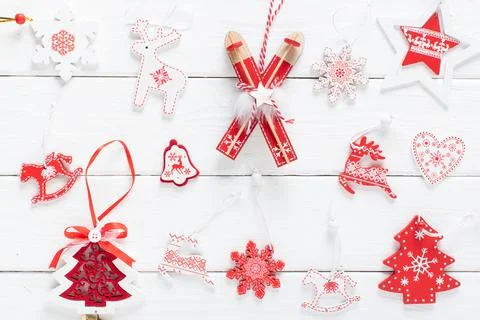 Christmas composition with red and white Christmas tree eco-toys on a white w Stock Photos