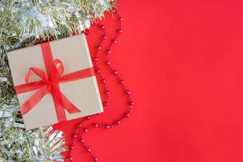 Christmas composition on red background with empty space for text. New year p Stock Photos