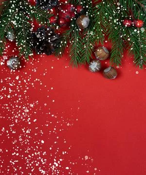 Christmas composition on red background Stock Photos