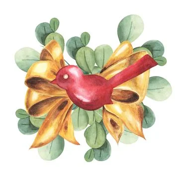 Christmas Composition with red ceramic bird on golden bow and green leaves Stock Illustration