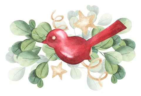 Christmas Composition with red ceramic bird on golden star green leaves branches Illustrazione stock