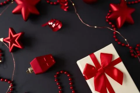 Christmas composition with red decorations. Stock Photos