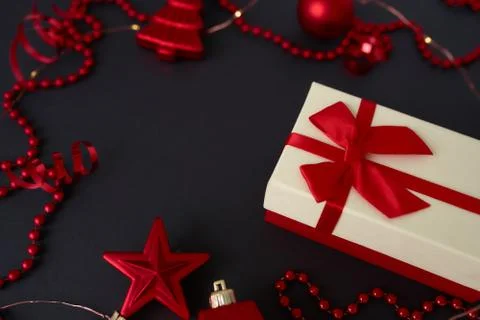 Christmas composition with red decorations. Stock Photos