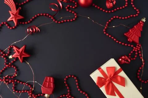 Christmas composition with red decorations. Stock Photos