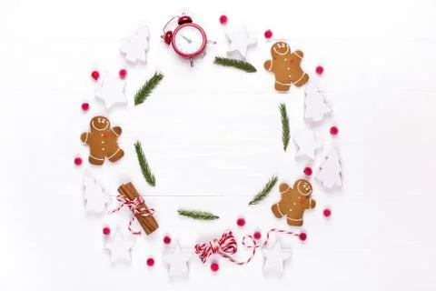 Christmas composition. Round frame made of  decorations, fir tree branches Stock Photos