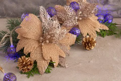 Christmas composition in silver blue color, blue garland and spruce branches Stock Photos