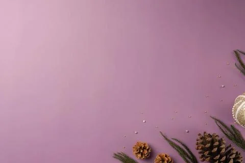 Christmas composition with space for text on violet background Stock Photos