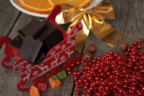Christmas composition. Spruce branches, candy cane. Hot cocoa with smoke Stock Photos