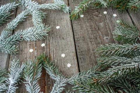 Christmas composition. Spruce branches, candy cane. Hot cocoa with smoke Stock Photos