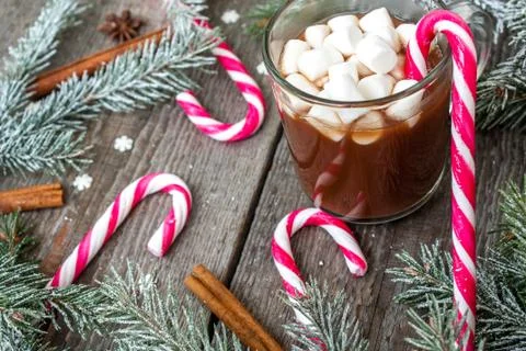 Christmas composition. Spruce branches, candy cane, snowflake Stock Photos