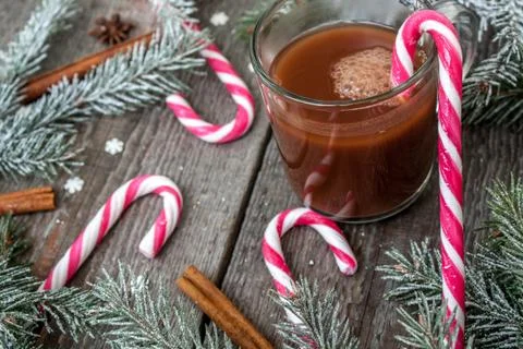 Christmas composition. Spruce branches, candy cane Stock-Fotos