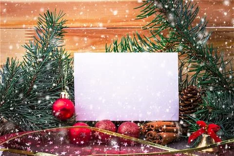 Christmas composition, spruce branches, pine cones, balls Stock Photos