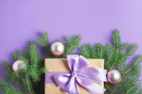 Christmas composition spruce tree branches craft gift balls Stock Photos