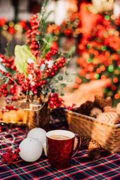 Christmas composition on a table in the yard on a sunny day Stock Photos