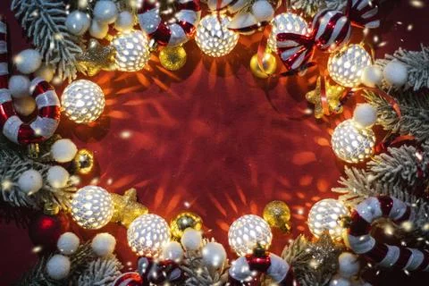 Christmas composition. Top view, flat lay, copy space. Stock Photos