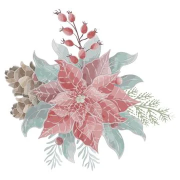 Christmas composition with traditional elements flower red vector watercolor Stock Illustration