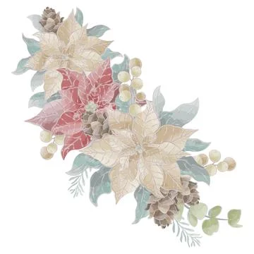 Christmas composition with traditional elements flowers cones watercolor vector Stock Illustration